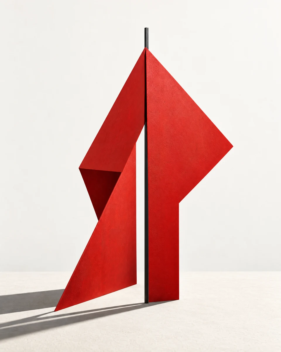 Une sculpture directionnelle rouge originale sur une surface de papier aux tons chauds